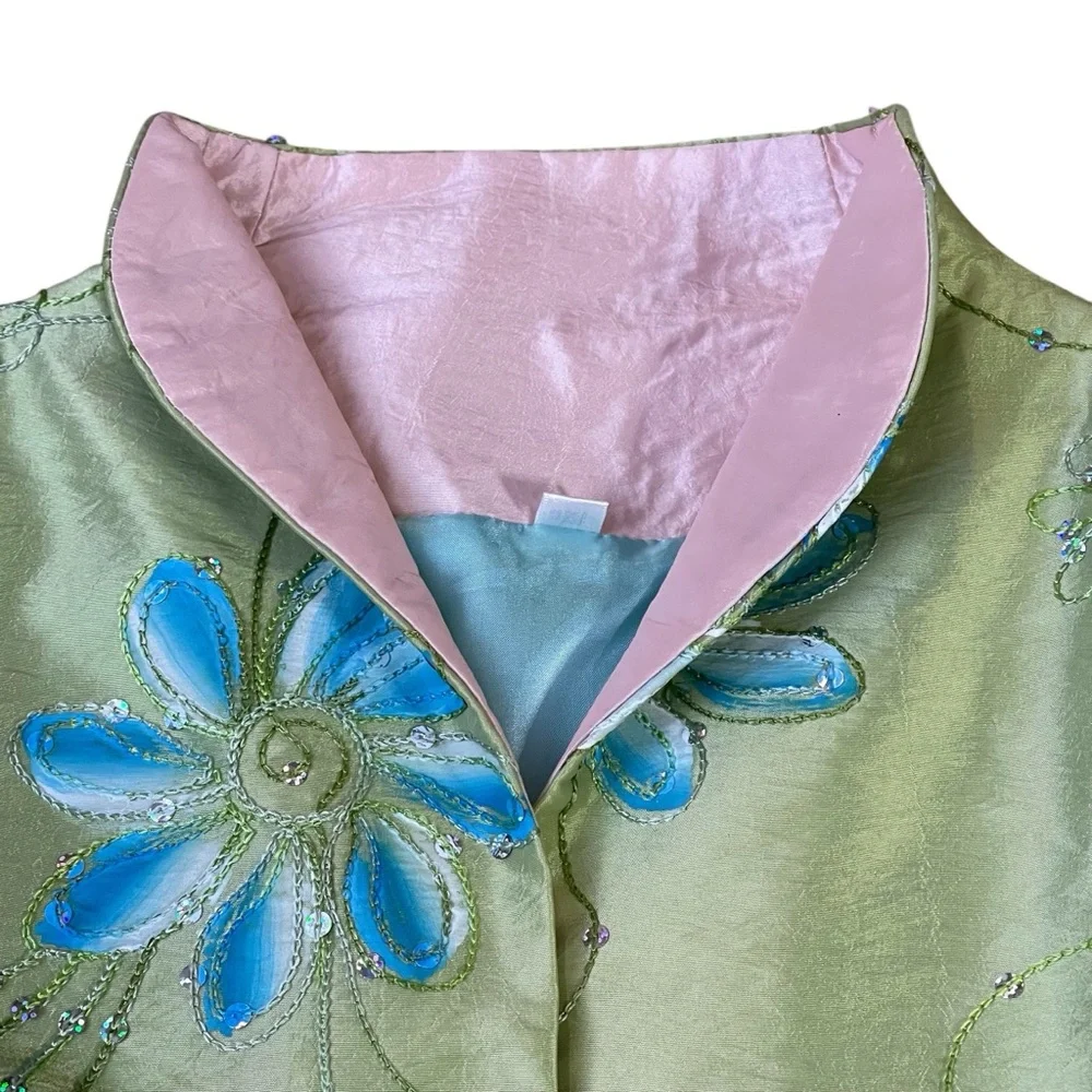 Art to wear Embroidered Floral Satin Jacket Beaded Mandarin Collar Pastel Green‎